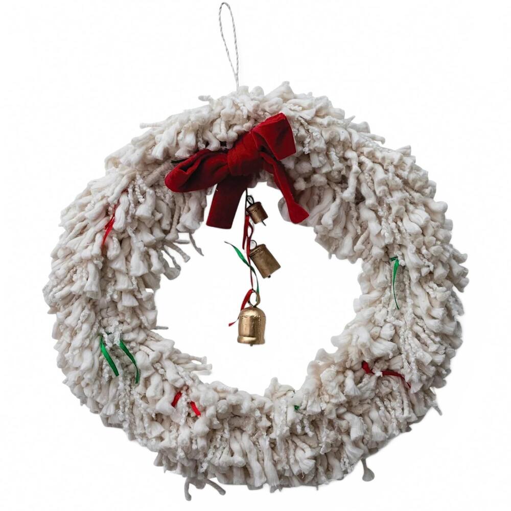 NEW CREATIVE CO-OP handmade yarn wreath with bow and bells in ivory